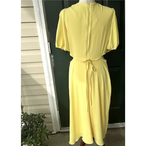 Maison Tara Sz 12 Butter Yellow Midi Dress w Tie Waist Cottagecore Feminine - Picture 5 of 8